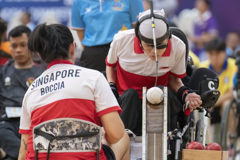 230607_2023APG_Boccia Mixed Pair_Aloysius Gan, Eve Cher & Toh Sze Ning, Chew Zi Qun_Credit SNPC-Goh Si Wei