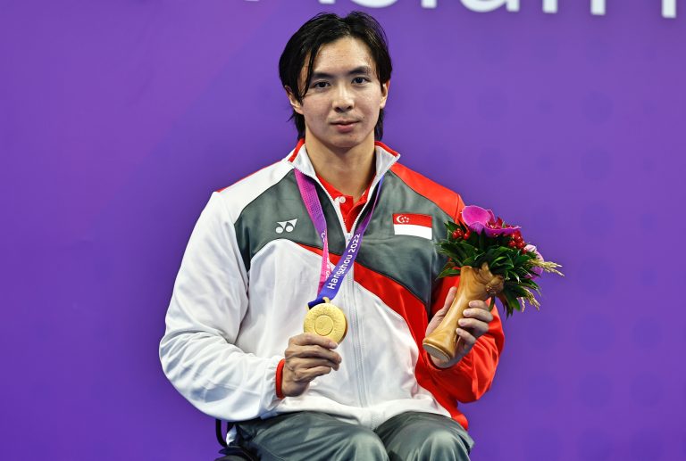 4th Asian Para Games - Swimming - Men 50M Butterfly S7 - Finals - Hangzhou Olympic Sports Centre Aquatic Sports Arena, Hangzhou, China - October 27, 2023 Singapore’s Toh Wei Soong celebrates. SportSG/ Jeremy Lee